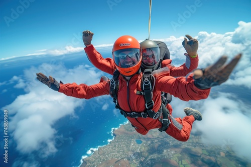 Two adventurous souls embrace the thrill of the sky as they soar through clouds, helmets secured, in tandem skydiving over a majestic mountain, their red parachutes billowing behind them
