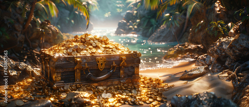 Golden Treasure Chest Glinting in the Sunlight on a Tropical Island Shore