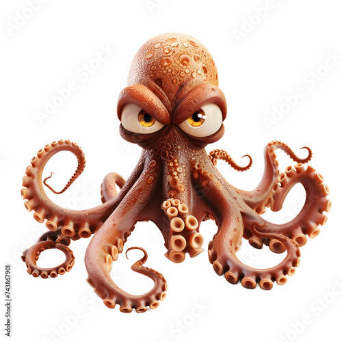 Sneaky octopus with narrowed eyes, sly smile, and slinking tentacles.