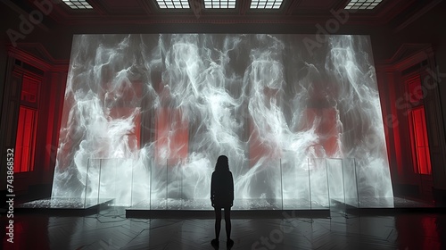 An artist using motion-tracking technology and a large digital canvas to create abstract paintings that respond to their body movements and gestures
