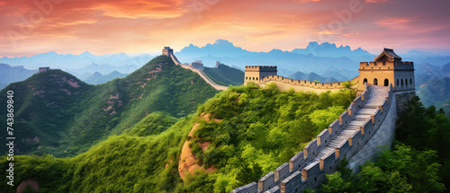beautiful landscape view of the ancient Great Wall of China with mountains, sky and trees at sunset created with Generative AI Technology