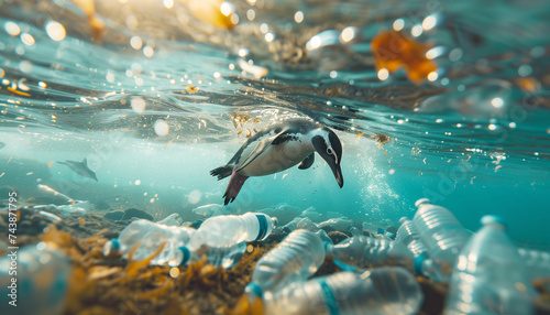 Lonely penguin swimming cold Antarctic sea waters over bottom with plastic bottles waste. Beauty in Nature, ocean pollution, Marine pollution, Plastic pollution and NO PLASTIC Ecology concept image.