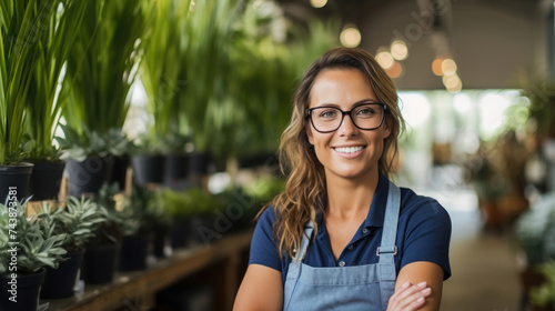 Smiling young woman small business owner wearing glasses and blue apron in green plant shop with white natural lighting created with Generative AI Technology