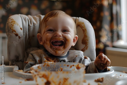 Cheerful baby boy being fed with porridge while sitting in high chair all messy and staied smiling and eating 