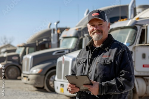 Happy Male trucking fleet manager holding a tablet standing in front of a line of truck trailers