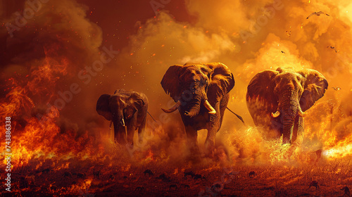 Create a stunning depiction of wild animals amidst a fiery backdrop using AI technology