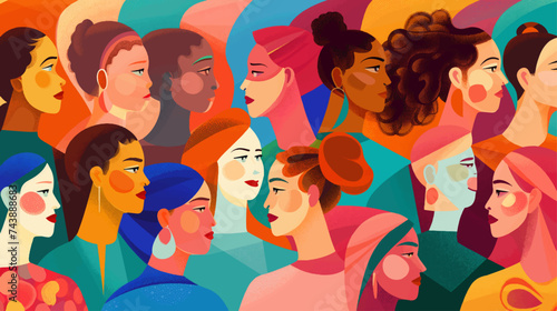 group of people with diverse representation and cultures, ethnic community colorful illustration in profile view