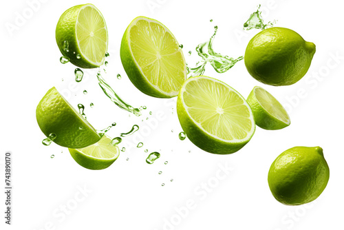 Limes With Water Splashing. Fresh green limes being drenched with splashes of water. The vibrant citrus fruits glisten as water droplets cling to their smooth skin.