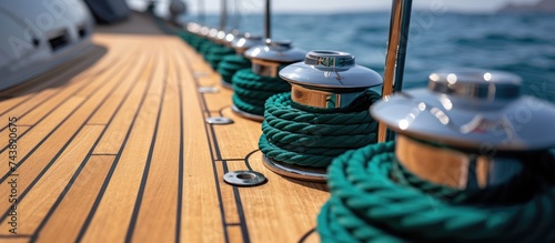 A yachts teak deck exhibits a strut with securely fastened and tightened green cargo straps.
