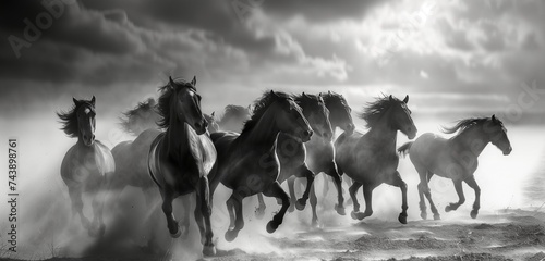 A herd of wild horses gallop across rolling plains, their thundering hooves stirring the dust of the prairie.