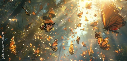 A kaleidoscope of butterflies flutters among sun-dappled trees, painting the air with delicate hues.