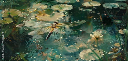 A shimmering dragonfly hovers gracefully over a tranquil pond, its wings a study in translucent beauty.