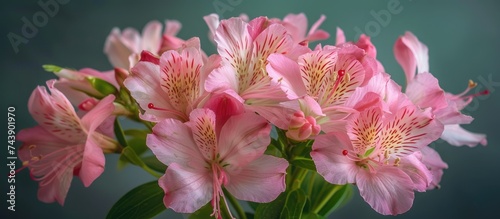 A stunning display of beauty featuring a gorgeous bunch of pink flowers with delicate pistils, blooming on top of a table.