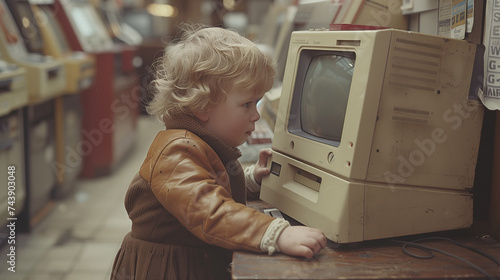 Child Using Vintage Computer in the 1970s