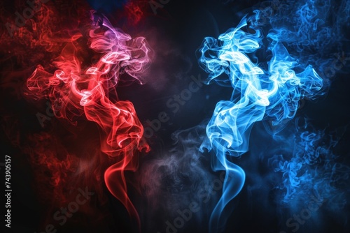 Artificial smoke in red blue light on black background in darkness