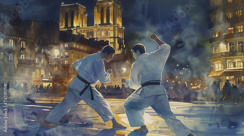 Watercolor illustration of two judo fighters practicing outdoors at twilight with the Notre-Dame Cathedral in the background, perfect for martial arts concepts or backgrounds with space for text