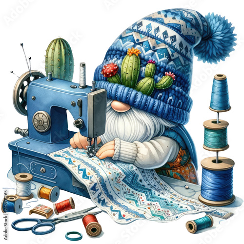A cute gnome wearing a blue hat is being sewn. transparent background