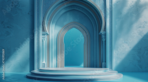 3d arched door podium with a blue background. scene with geometric backdrop. islamic podium banner for product display, presentation, cosmetic, ramadan sales.