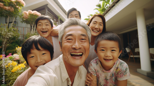 A family of Asian origin taking a selfie.