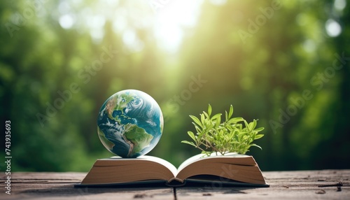 Planet over the open book on a wooden table in nature, green blurry background. World Environment Day. World Mental Health Day concept