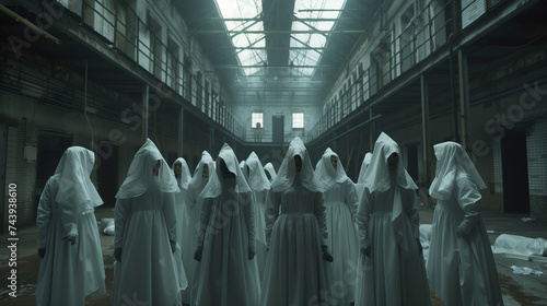 scary nuns standing in an empty warehouse with headdresses