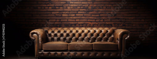 Chesterfield sofa in tufted brown leather against brick wall