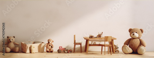 3D rendering of a bright and airy playroom with wooden toys and teddy bears in a minimalist style with neutral colors