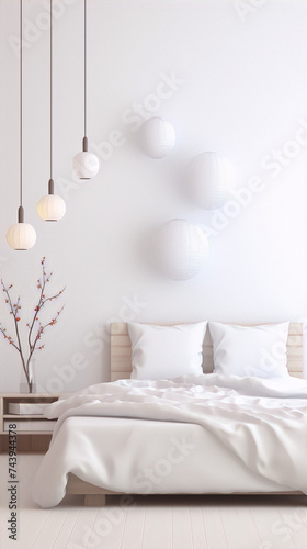 3d rendering of a minimalist bedroom with a white bed and white walls with a cherry blossom branch and paper lanterns.