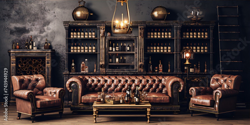 3d rendering of a vintage library bar with leather furniture in a dark room