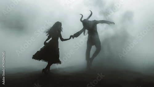 Devil with horns seduces beautiful girl. Demon dances with woman in dress silhouette. Gloomy mystical foggy atmosphere. People succumb to passion, sinfulness concepts. The dark side of the human soul.