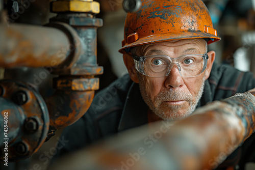 A middle-aged man plumber repairs a broken pipe