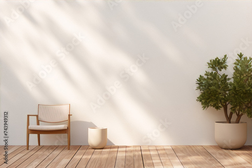 3D rendering, interior design, architecture, minimalism, neutral colors, beige, white, wood, chair, plant, pot, sunlight, shadow, empty space