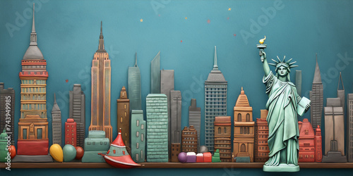 3D illustration of a New York City skyline with the Statue of Liberty, made of clay or plasticine
