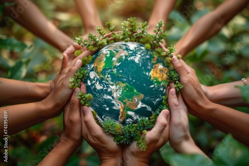 Community hands coming together to form a living globe vibrant and thriving showcasing unity in eco action