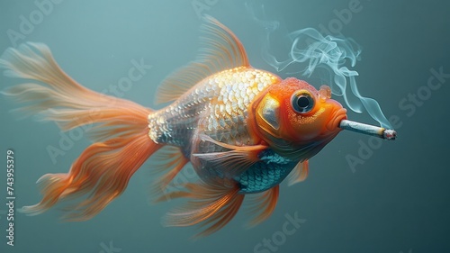 fish cigarette smoking on blue background blue background side view photography light gray and orange surprisingly absurd photobashing princesscore pastel stark simplicity