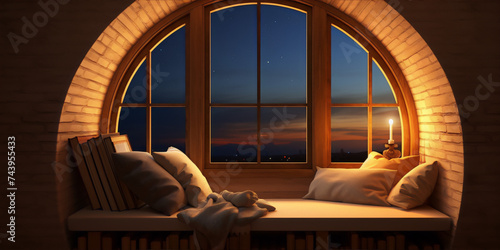 Cozy reading nook with a view of the night sky, pillows, books and a candle on the windowsill