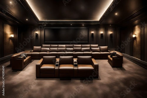 A modern cinema room with tiered seating, a large screen, and surround sound speakers