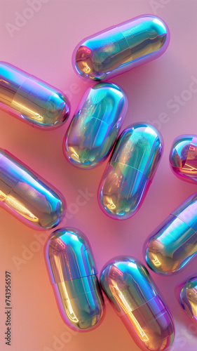 Shiny magic pills. Magic capsules with glitter. Vertical image