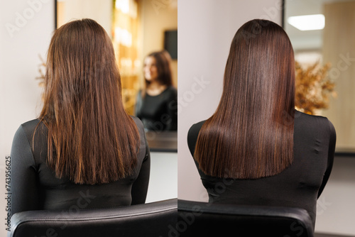 Before and after the straightening procedure with keratin, botox or brazilian special procedure for brown hair.