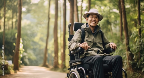 .The elderly uncle happily wearing a hat, sitting on a wheelchair, sharing a hiking adventure on a beautiful and wheelchair-accessible nature trail.