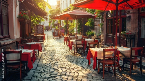 Charming street cafe setting with warm evening light.