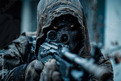 A man wearing a hood and a mask is holding a gun in his hand, appearing ready for action. The mans face is partially obscured, adding mystery to his intent