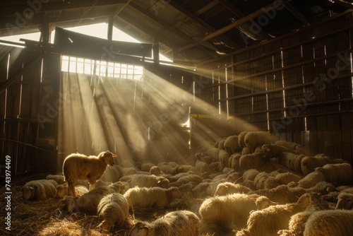 A group of sheep standing inside a barn, with some sheep looking around curiously while others are eating hay. The barn is filled with the sound of their gentle bleating