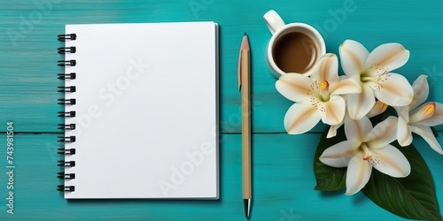 minimalistic design Blank notepad, pen and coffee cup on turquoise wooden table with freesia flowers