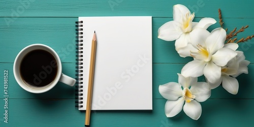 minimalistic design Blank notepad, pen and coffee cup on turquoise wooden table with freesia flowers