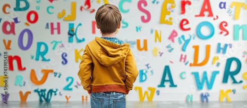 Child with dyslexia is standing in front of a whiteboard with many letters in elementary school. with copy space image. Place for adding text or design