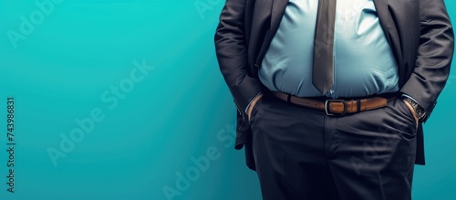 Businessman s belly Image of obesity Suit and leather belt. with copy space image. Place for adding text or design