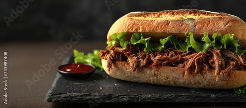 Traditional barbecue pulled pork piece of Bosten butt as sandwich with lettuce as closeup on a black board. with copy space image. Place for adding text or design