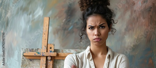 Young hispanic woman standing by painter easel stand disgusted expression displeased and fearful doing disgust face because aversion reaction. with copy space image. Place for adding text or design