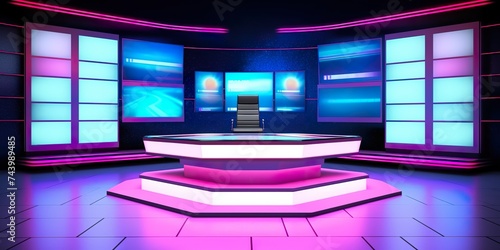 minimalistic design Studio interior for news broadcasting, vector empty placement with anchorman table on pedestal, digital screens for video presentation and neon glowing illumination. Realistic 3d